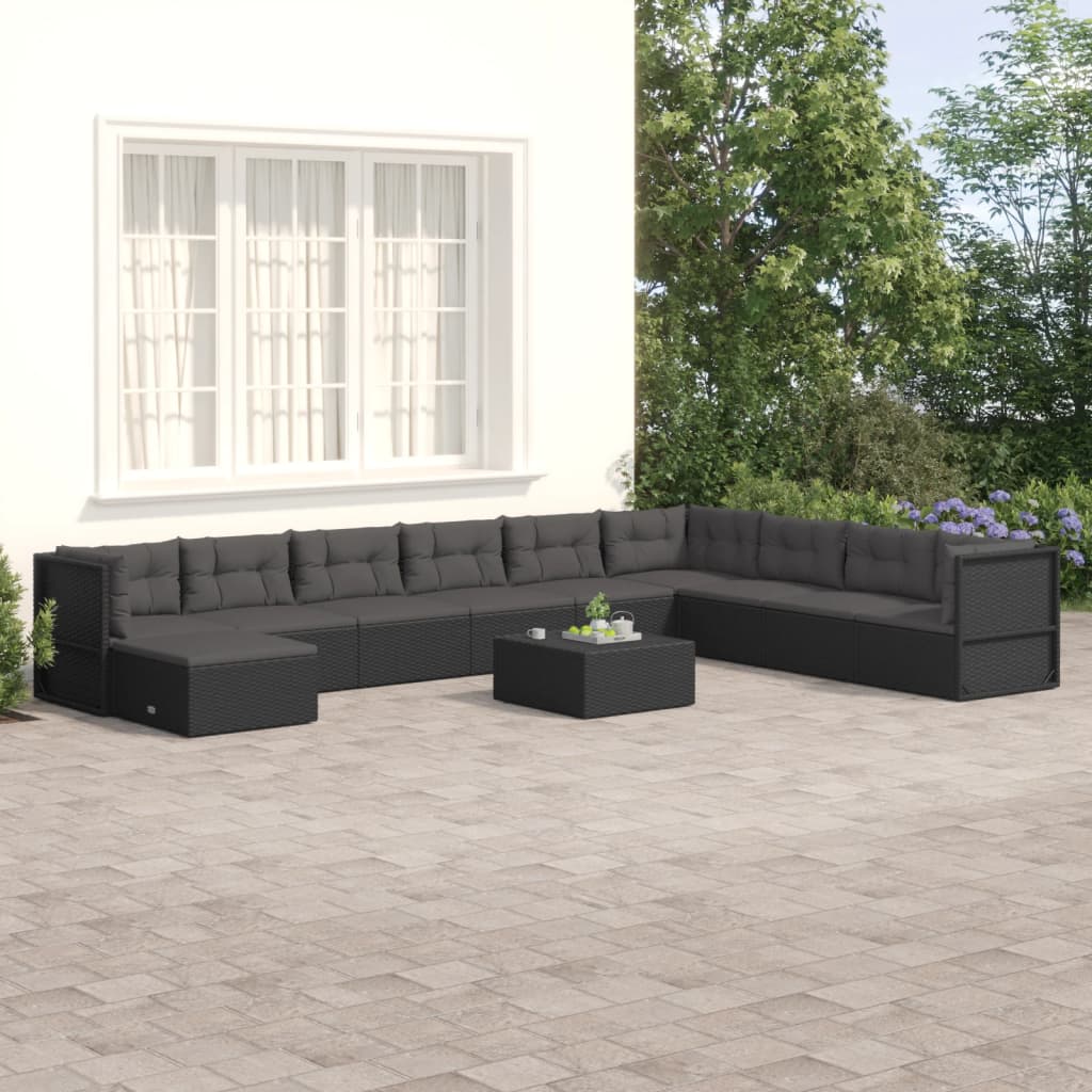 vidaXL 10 Piece Patio Lounge Set with Cushions Black Poly Rattan-0