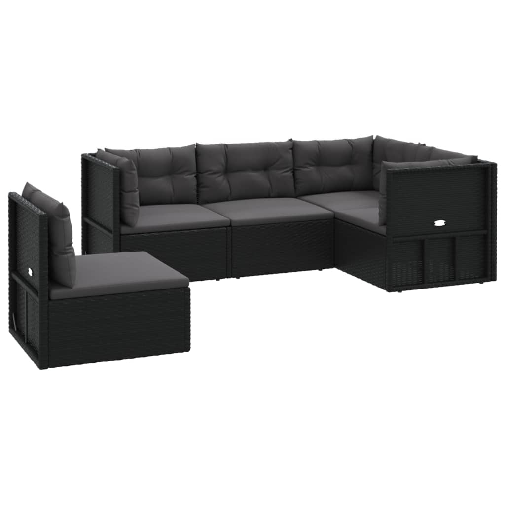 vidaXL 5 Piece Patio Lounge Set with Cushions Black Poly Rattan-1