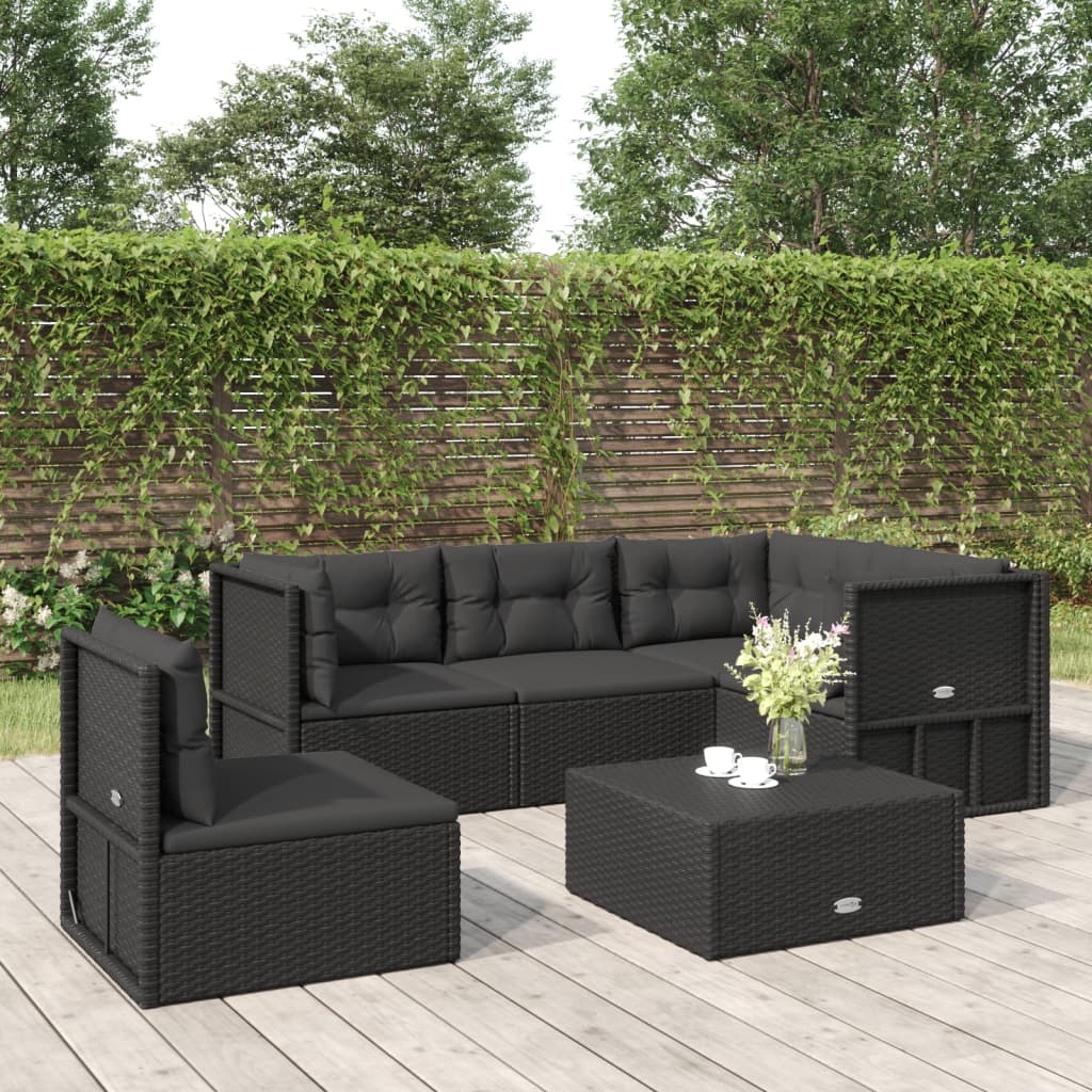 vidaXL 5 Piece Patio Lounge Set with Cushions Black Poly Rattan-0