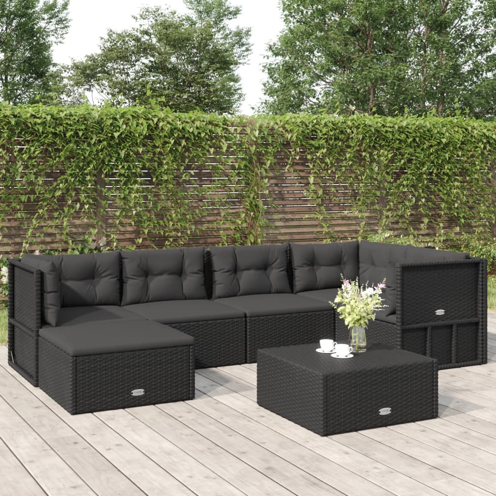 vidaXL 6 Piece Patio Lounge Set with Cushions Black Poly Rattan-0