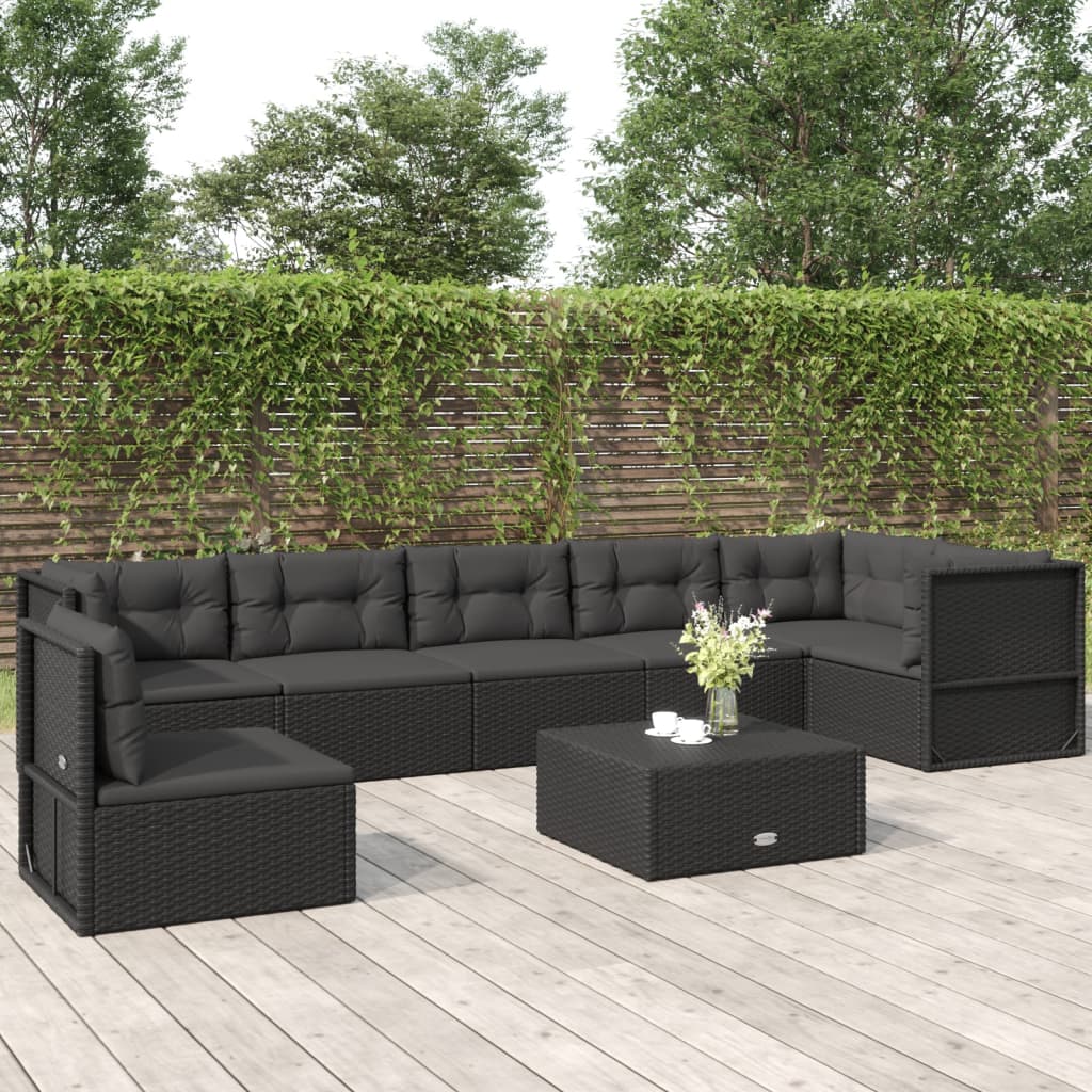 vidaXL 7 Piece Patio Lounge Set with Cushions Black Poly Rattan-6