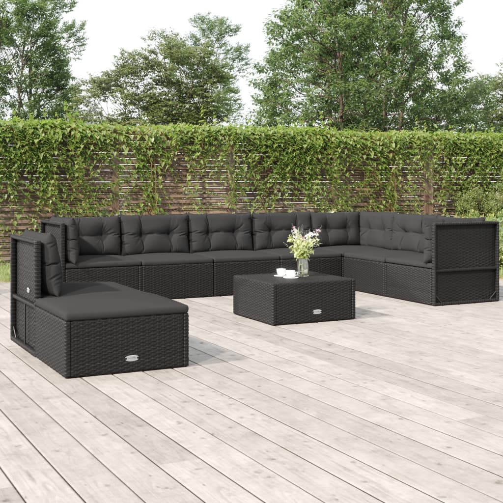 vidaXL 9 Piece Patio Lounge Set with Cushions Black Poly Rattan-0