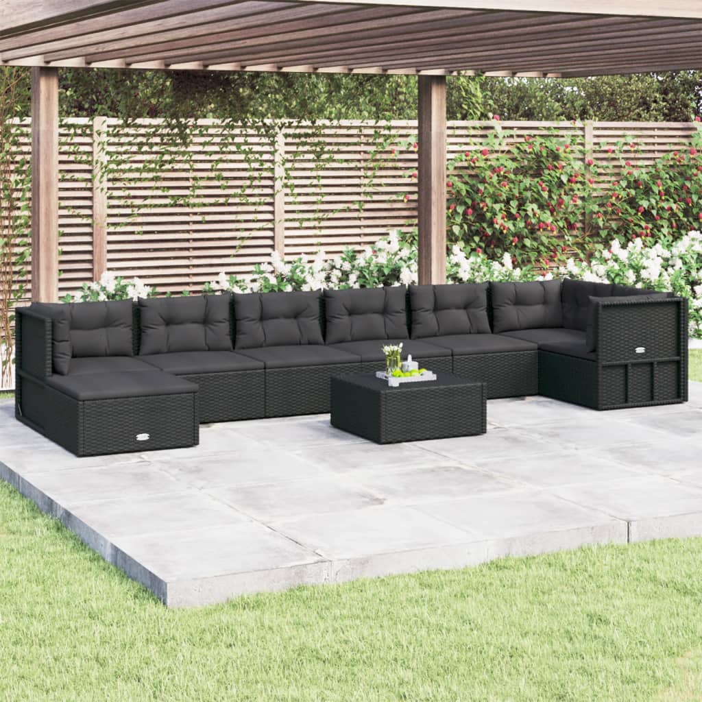 vidaXL 8 Piece Patio Lounge Set with Cushions Black Poly Rattan-0