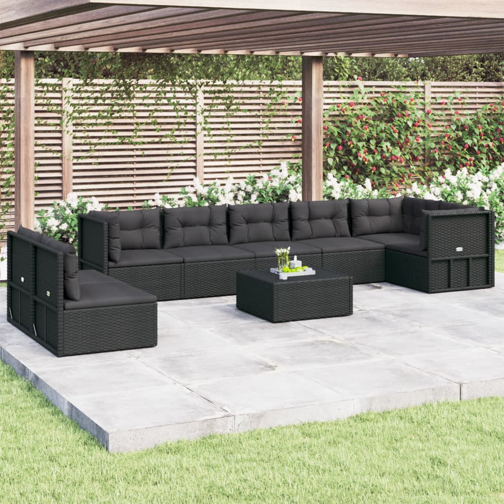 vidaXL 8 Piece Patio Lounge Set with Cushions Black Poly Rattan-0