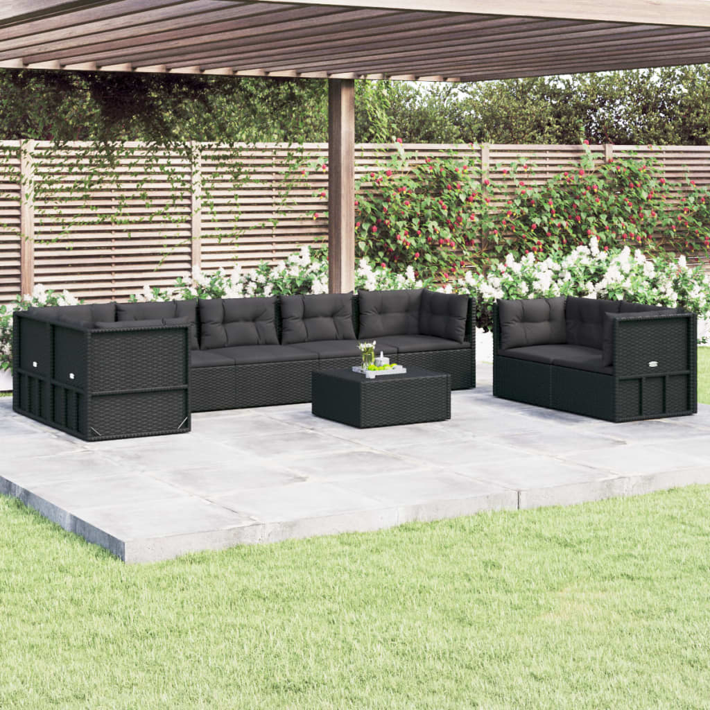 vidaXL 8 Piece Patio Lounge Set with Cushions Black Poly Rattan-0