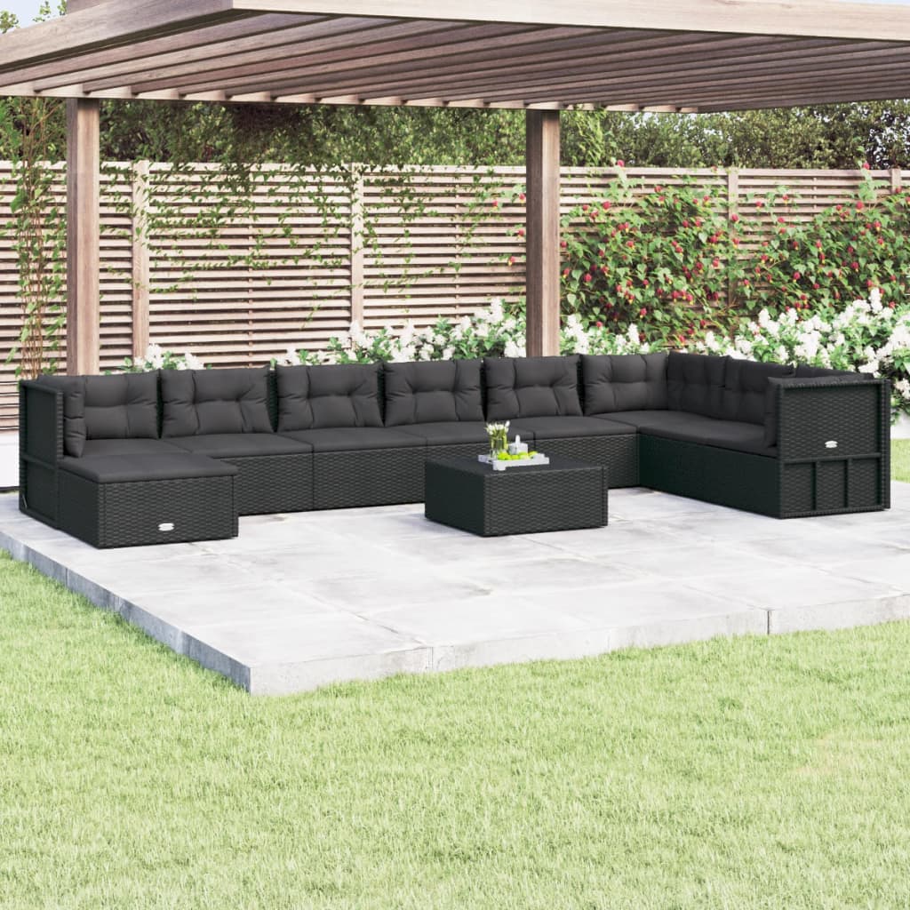 vidaXL 9 Piece Patio Lounge Set with Cushions Black Poly Rattan-0