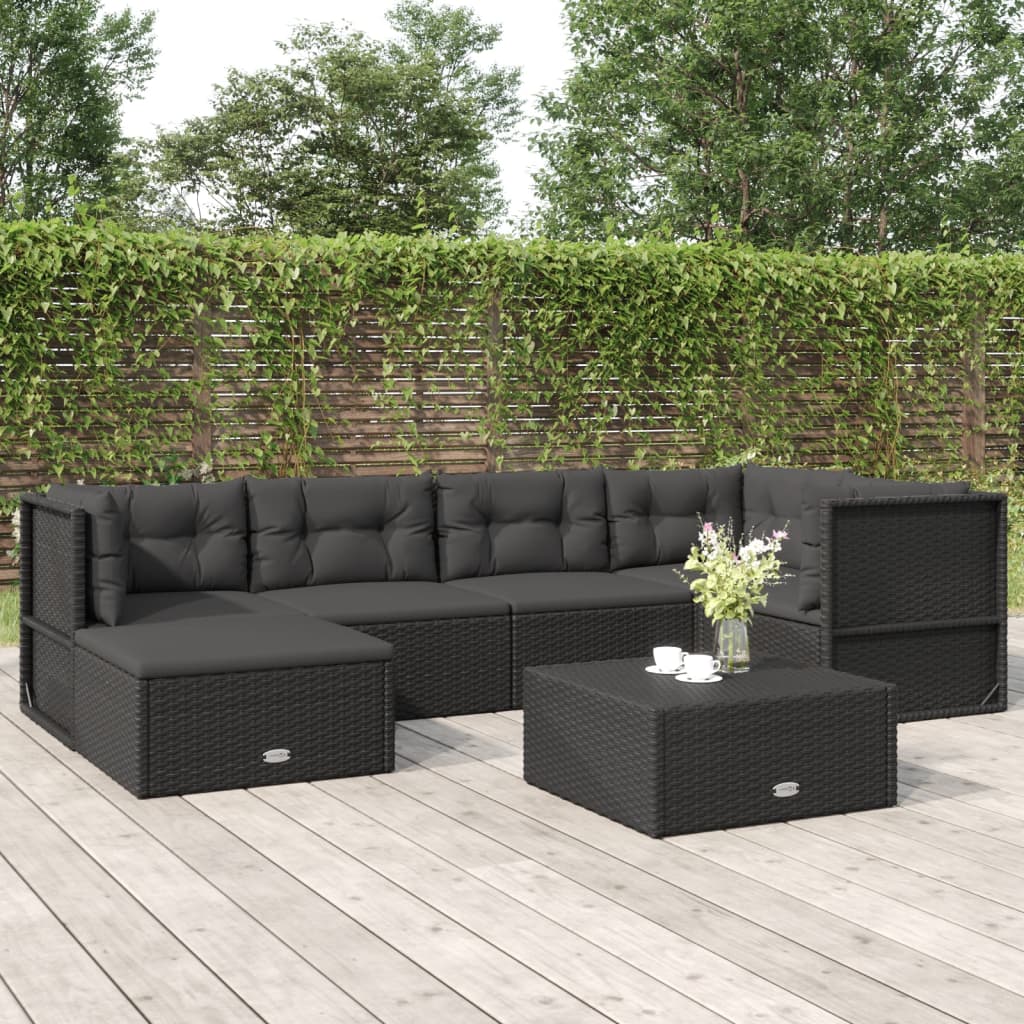 vidaXL 6 Piece Patio Lounge Set with Cushions Black Poly Rattan-0