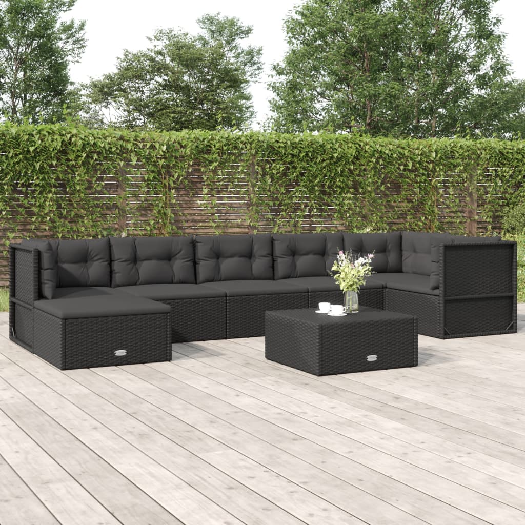 vidaXL 7 Piece Patio Lounge Set with Cushions Black Poly Rattan-0