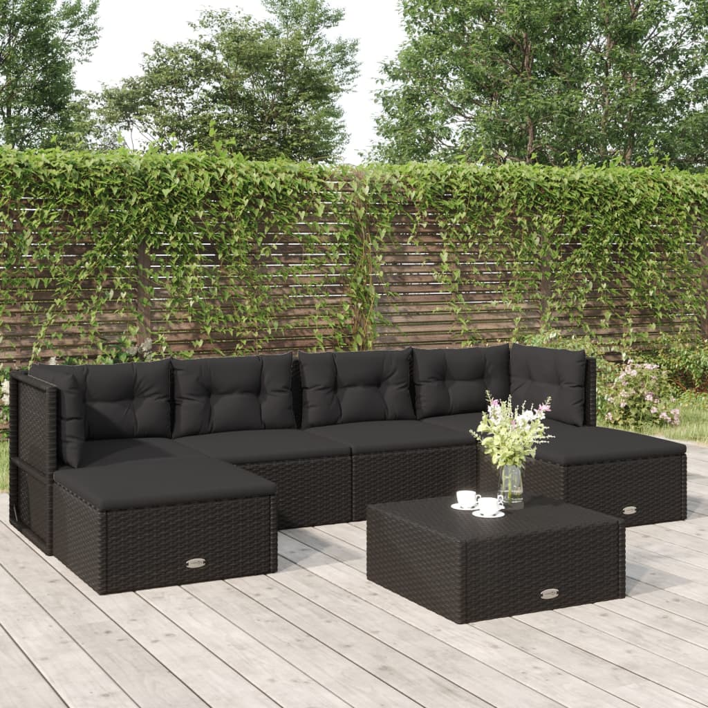 vidaXL 6 Piece Patio Lounge Set with Cushions Black Poly Rattan-0