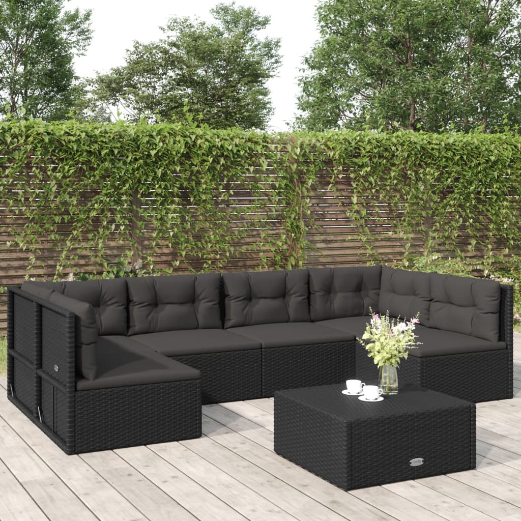 vidaXL 6 Piece Patio Lounge Set with Cushions Black Poly Rattan-3