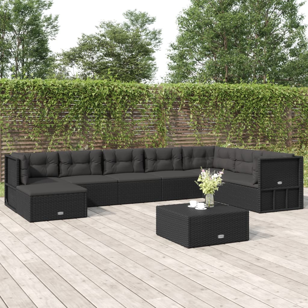 vidaXL 8 Piece Patio Lounge Set with Cushions Black Poly Rattan-0