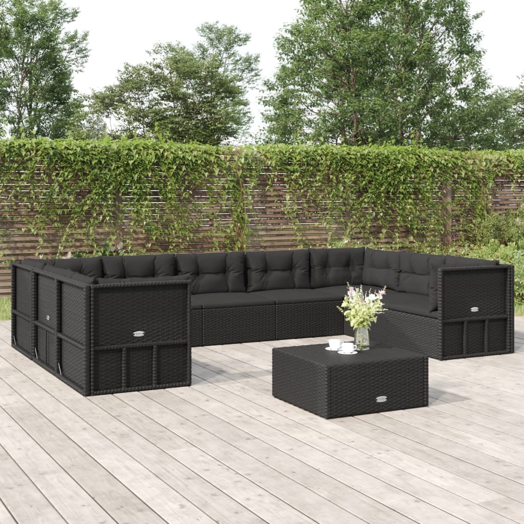 vidaXL 9 Piece Patio Lounge Set with Cushions Black Poly Rattan-0