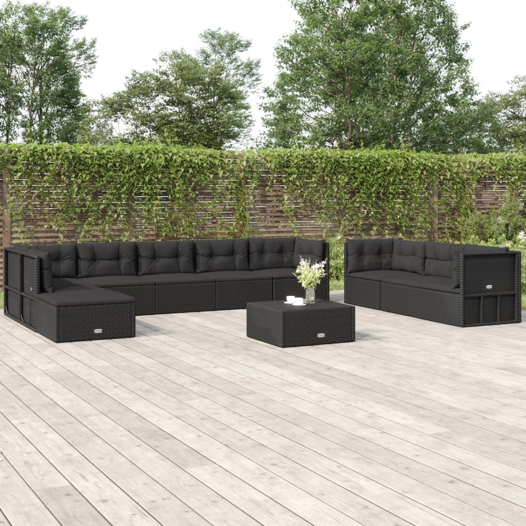 vidaXL 10 Piece Patio Lounge Set with Cushions Black Poly Rattan-0