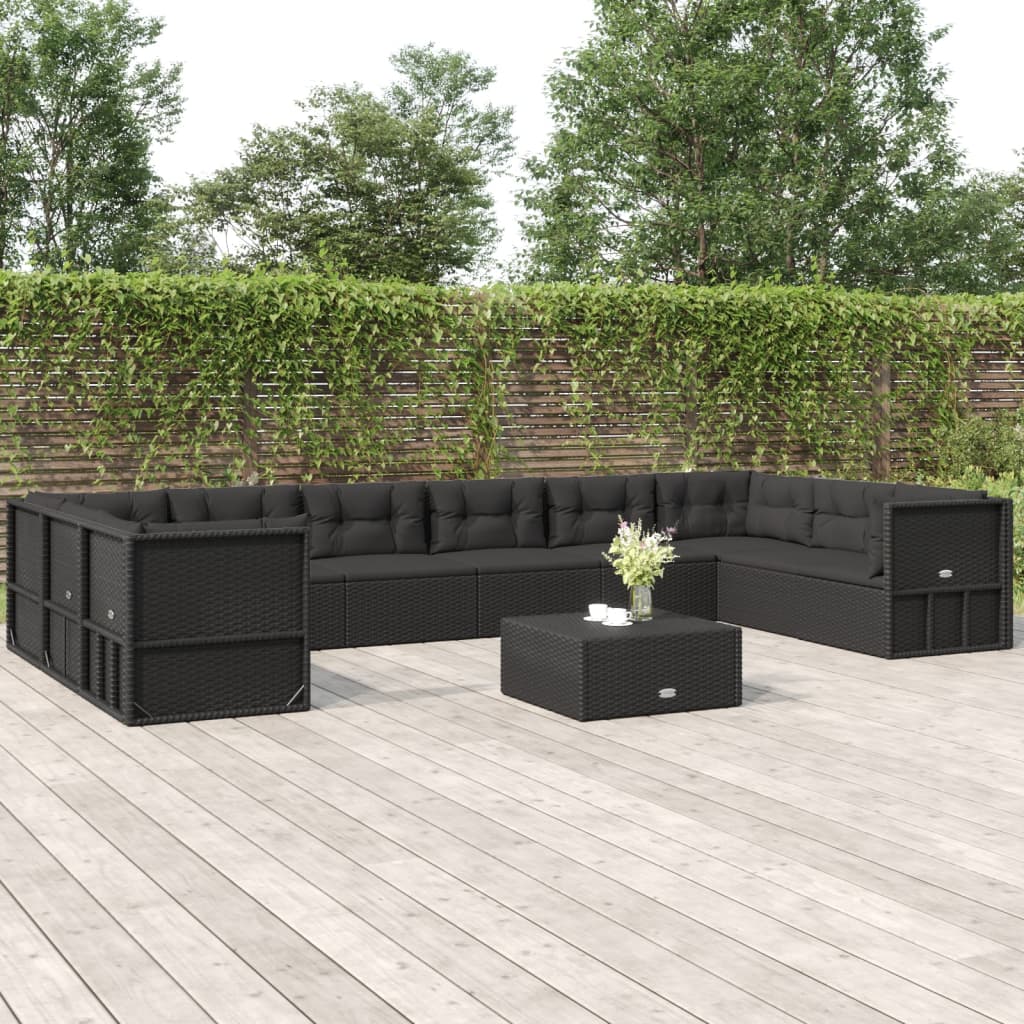 vidaXL 10 Piece Patio Lounge Set with Cushions Black Poly Rattan-0