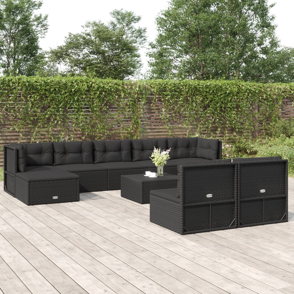 vidaXL 9 Piece Patio Lounge Set with Cushions Black Poly Rattan-0