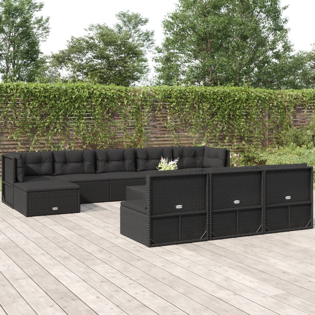 vidaXL 10 Piece Patio Lounge Set with Cushions Black Poly Rattan-0