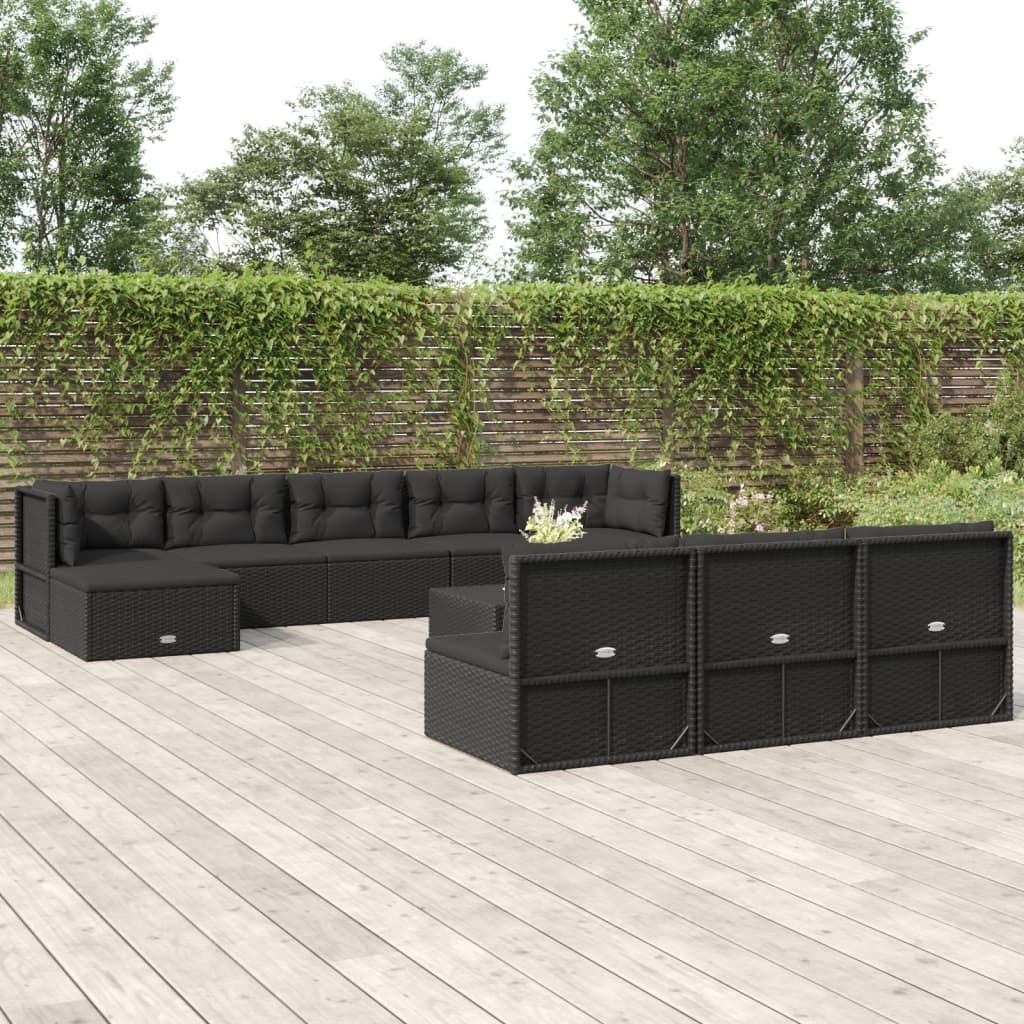 vidaXL 11 Piece Patio Lounge Set with Cushions Black Poly Rattan-0