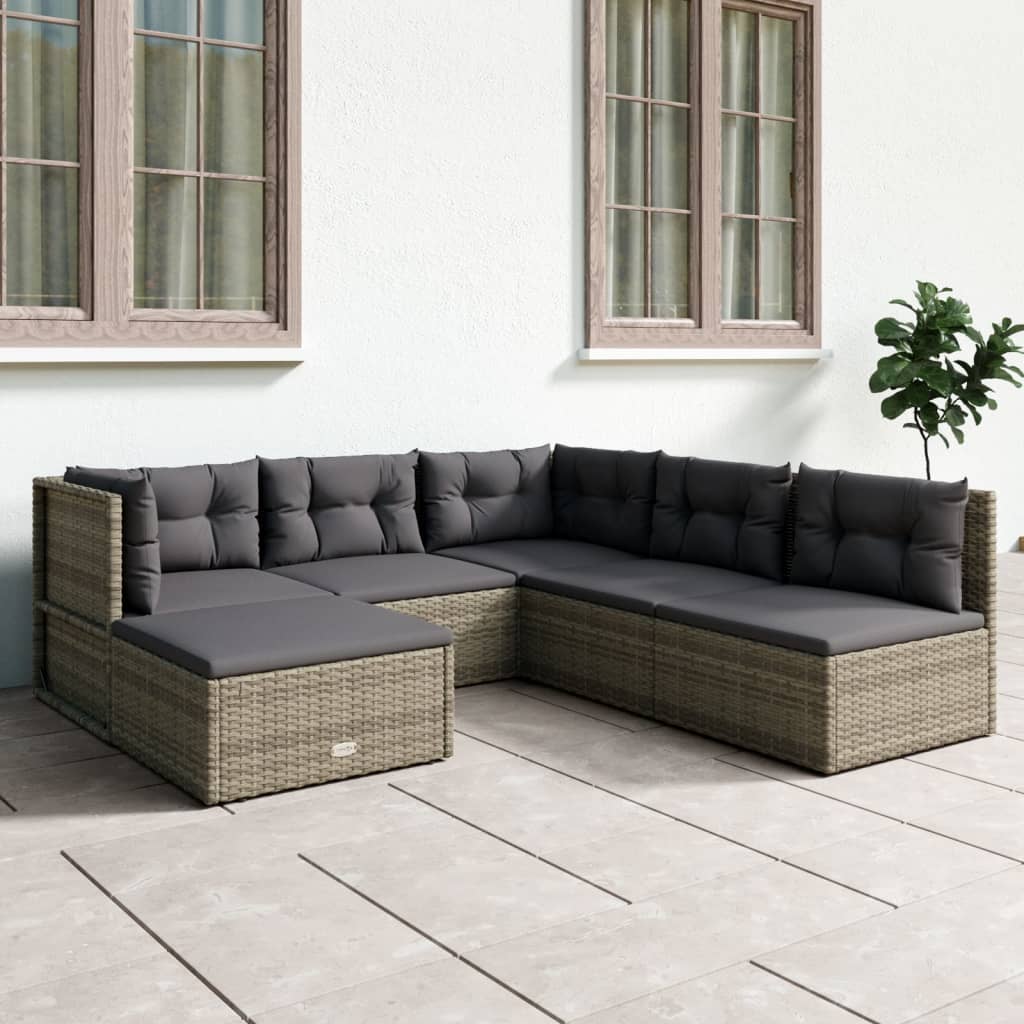 vidaXL 6 Piece Patio Lounge Set with Cushions Gray Poly Rattan-0