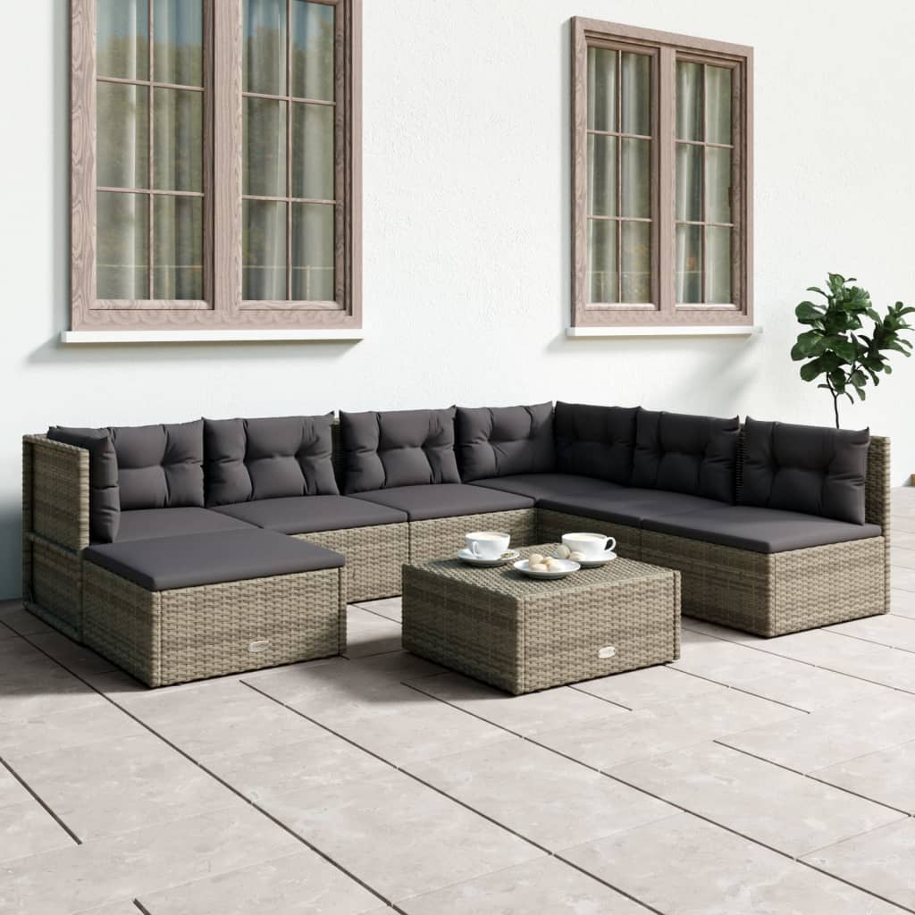 vidaXL 7 Piece Patio Lounge Set with Cushions Gray Poly Rattan-0