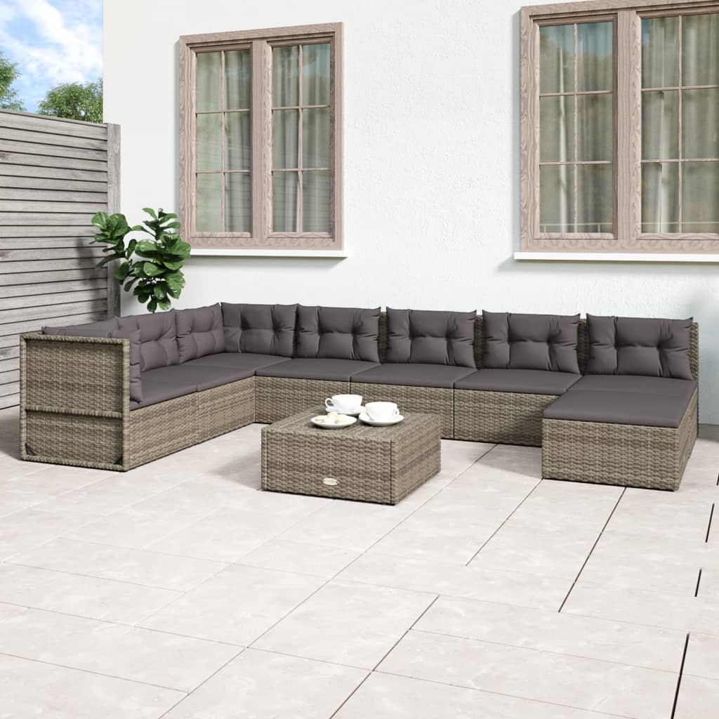 vidaXL 8 Piece Patio Lounge Set with Cushions Gray Poly Rattan-0