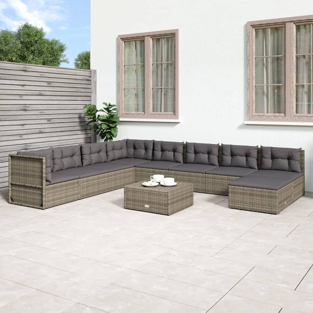 vidaXL 9 Piece Patio Lounge Set with Cushions Gray Poly Rattan-0