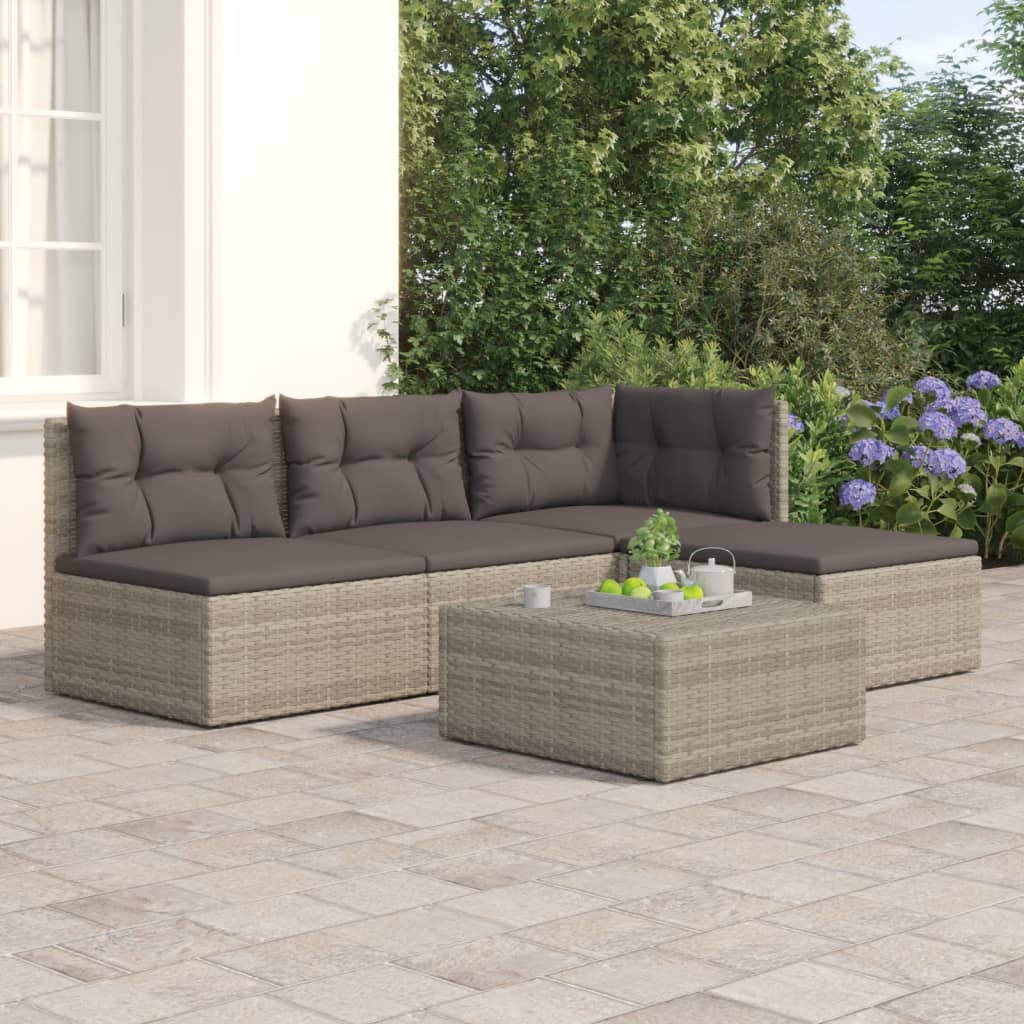 vidaXL 4 Piece Patio Lounge Set with Cushions Gray Poly Rattan-0