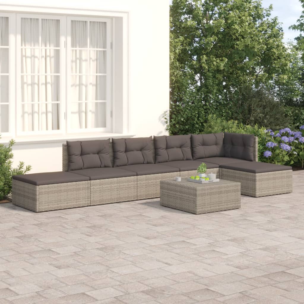 vidaXL 6 Piece Patio Lounge Set with Cushions Gray Poly Rattan-0