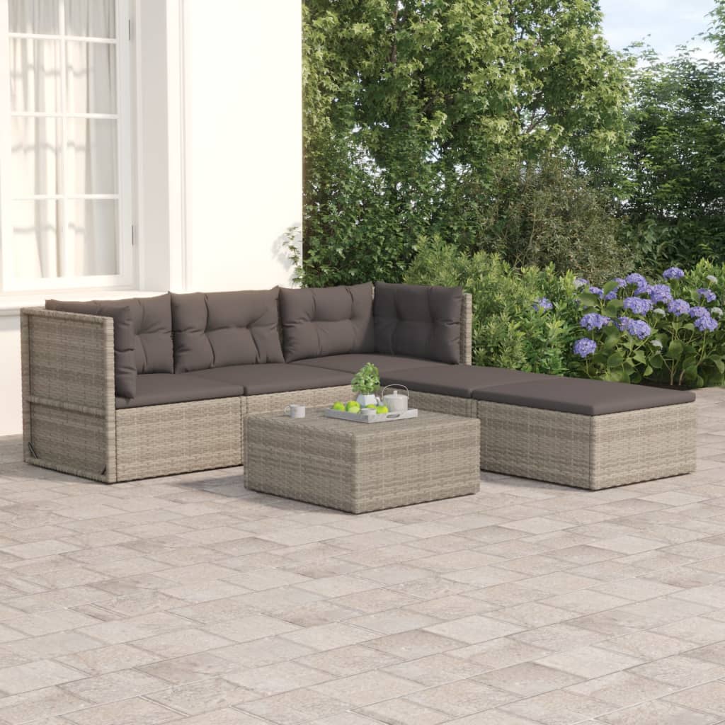 vidaXL 5 Piece Patio Lounge Set with Cushions Gray Poly Rattan-0