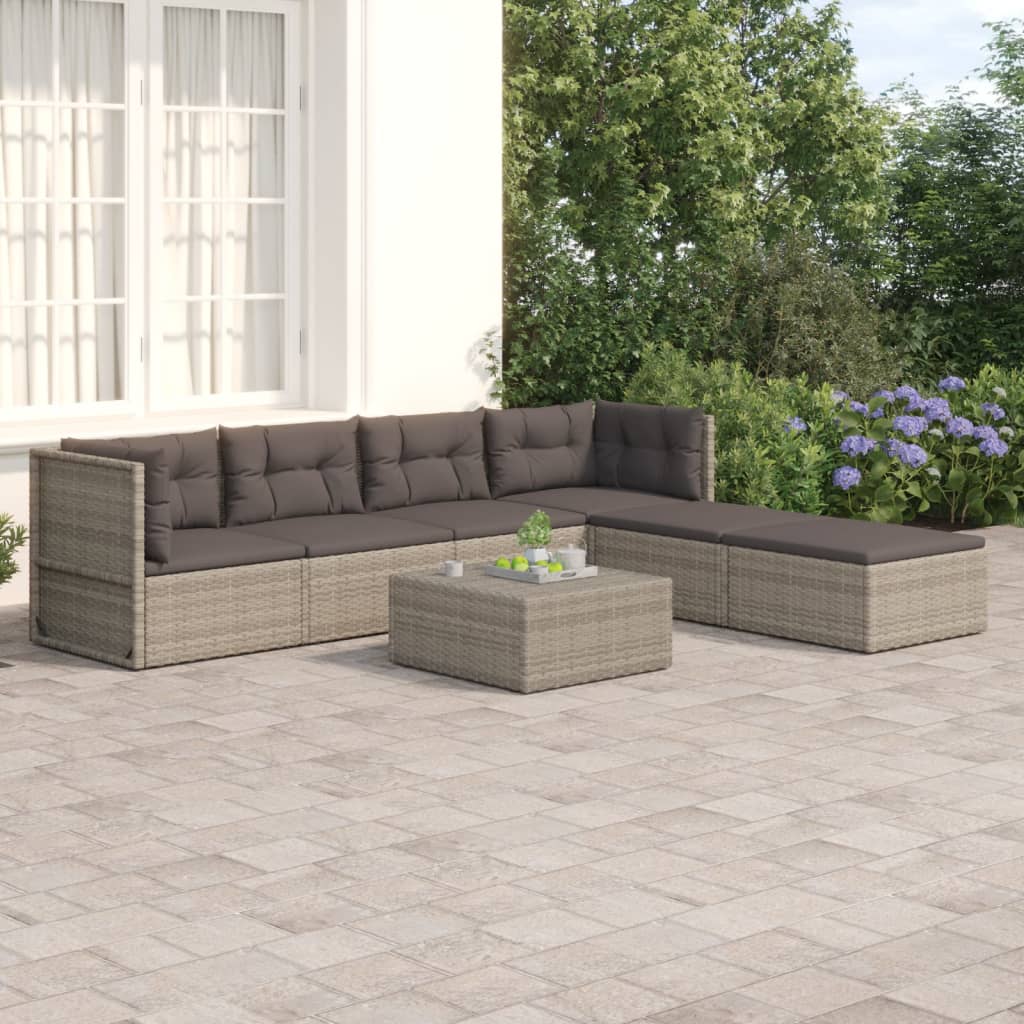 vidaXL 6 Piece Patio Lounge Set with Cushions Gray Poly Rattan-0