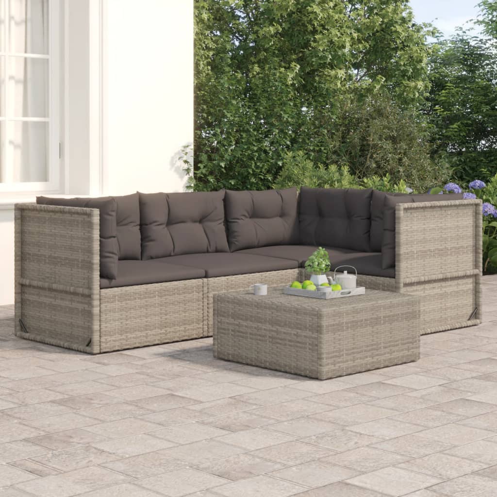 vidaXL 4 Piece Patio Lounge Set with Cushions Gray Poly Rattan-0