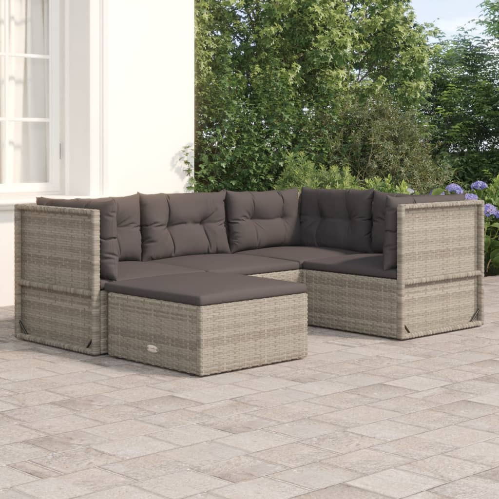 vidaXL 5 Piece Patio Lounge Set with Cushions Gray Poly Rattan-0