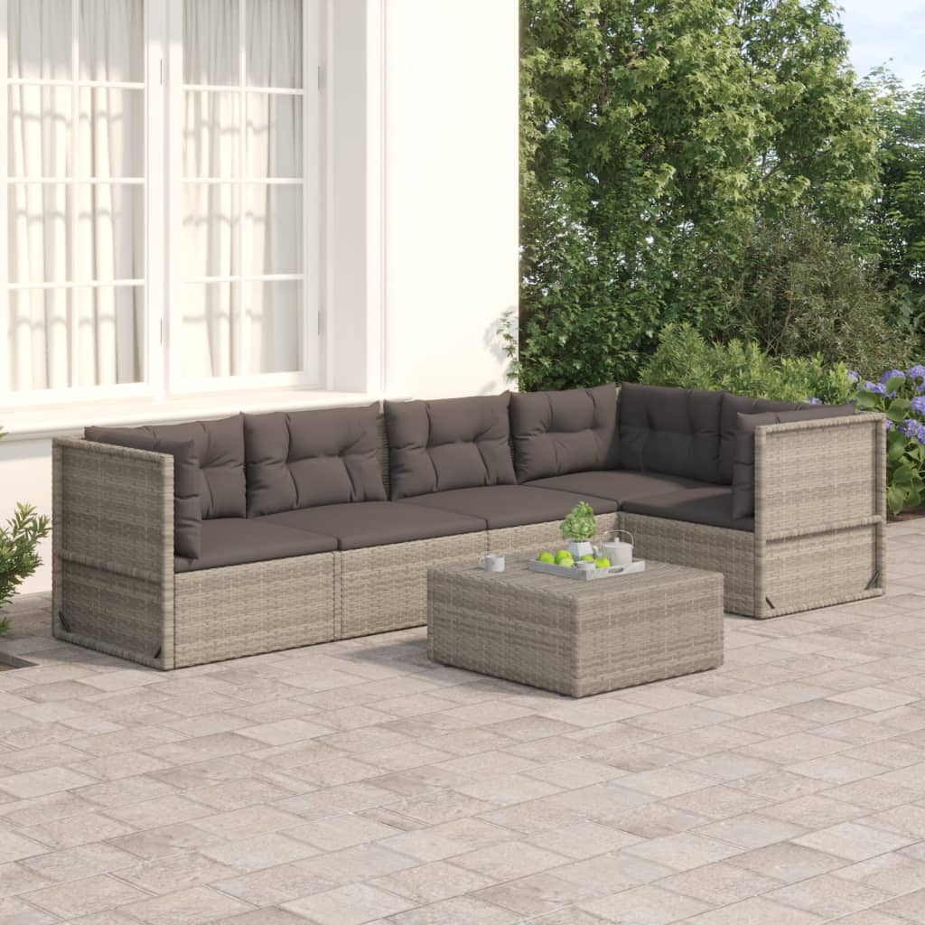 vidaXL 5 Piece Patio Lounge Set with Cushions Gray Poly Rattan-0