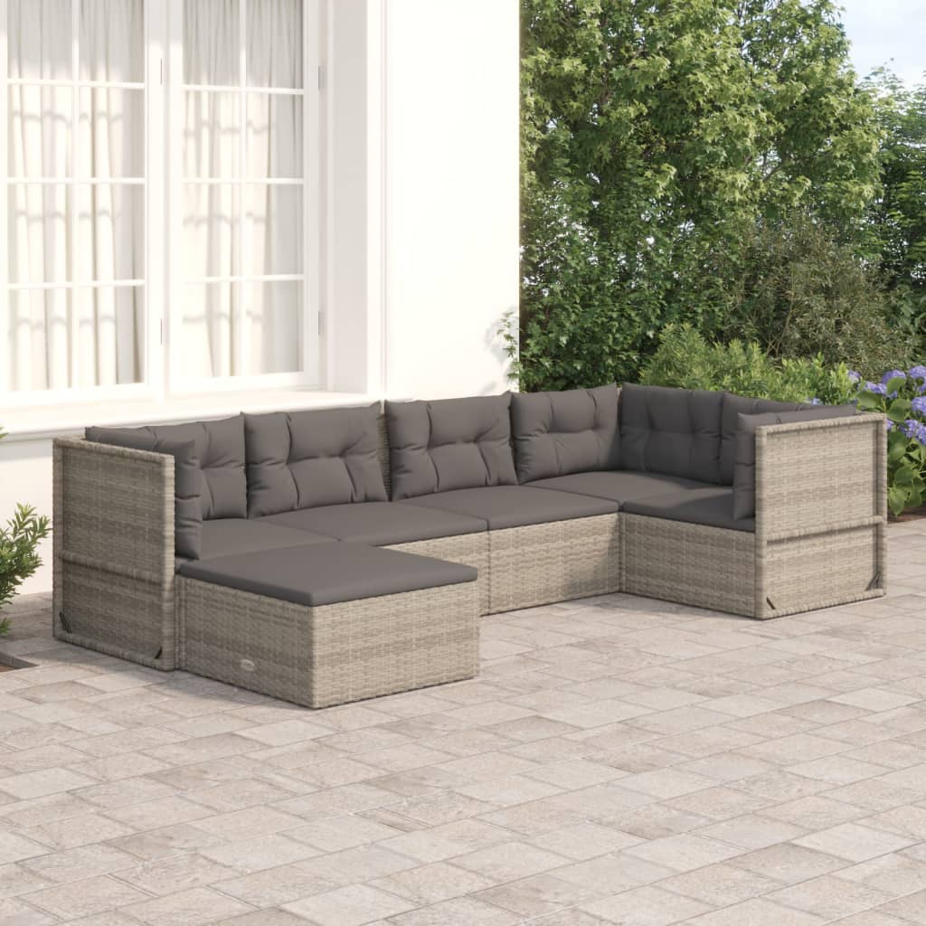 vidaXL 6 Piece Patio Lounge Set with Cushions Gray Poly Rattan-0