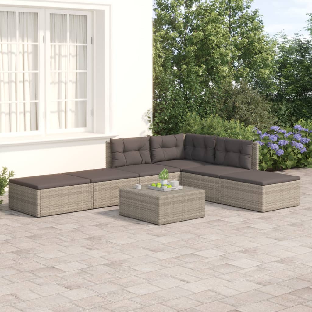 vidaXL 6 Piece Patio Lounge Set with Cushions Gray Poly Rattan-0