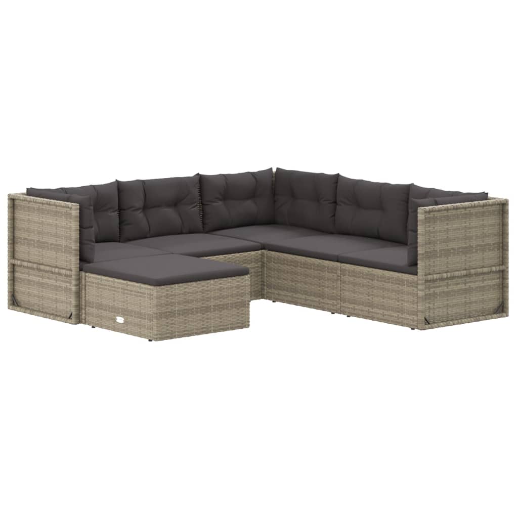 vidaXL 6 Piece Patio Lounge Set with Cushions Gray Poly Rattan-1