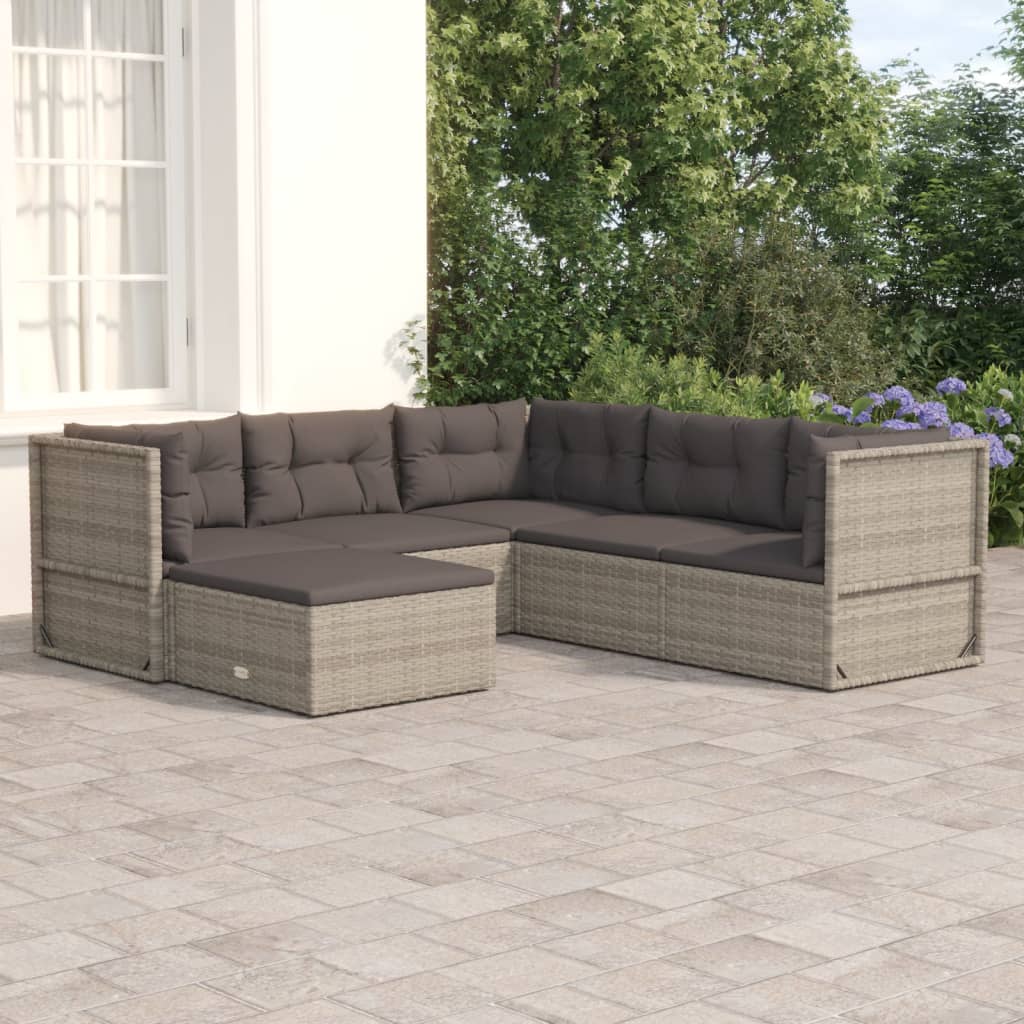 vidaXL 6 Piece Patio Lounge Set with Cushions Gray Poly Rattan-0