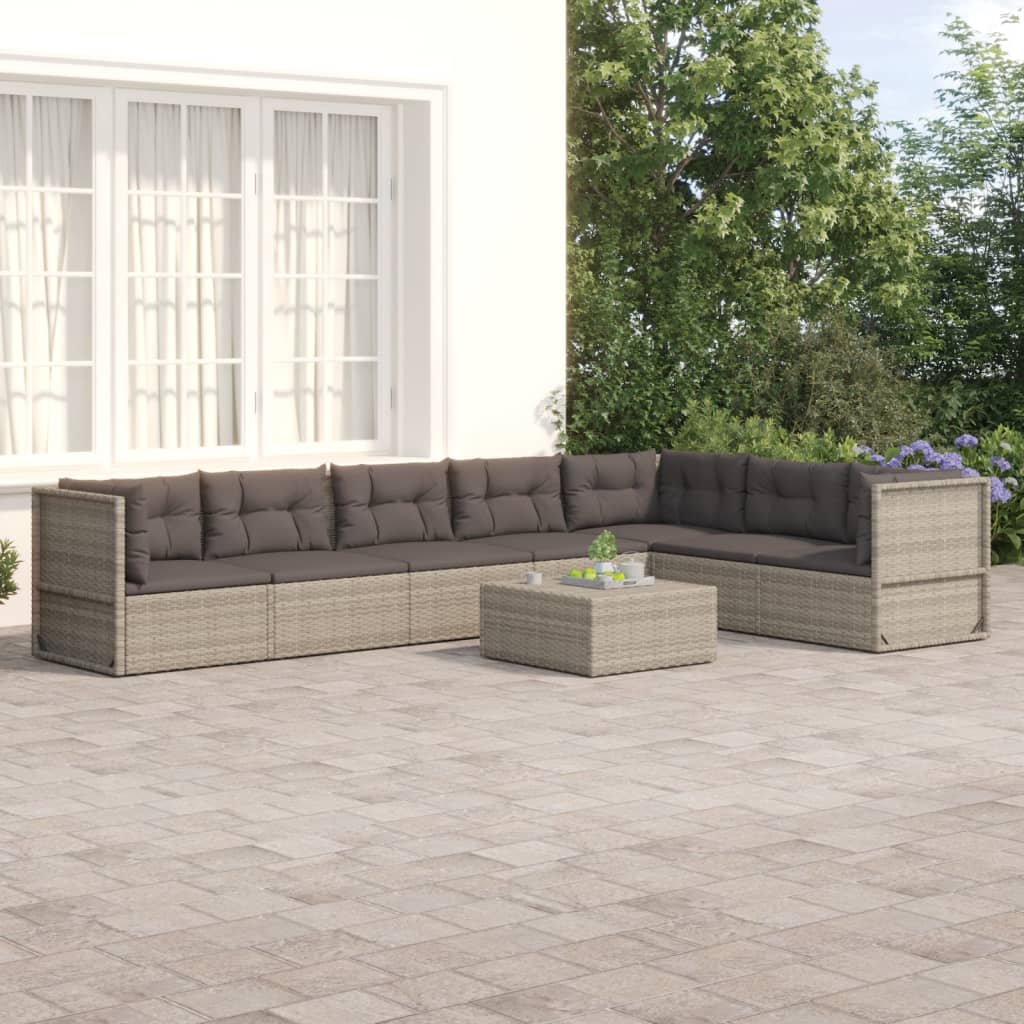 vidaXL 7 Piece Patio Lounge Set with Cushions Gray Poly Rattan-0