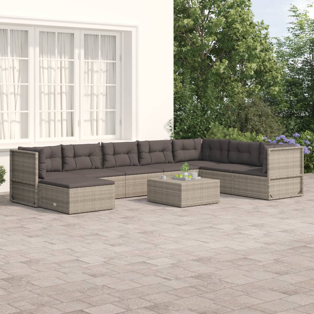 vidaXL 8 Piece Patio Lounge Set with Cushions Gray Poly Rattan-0