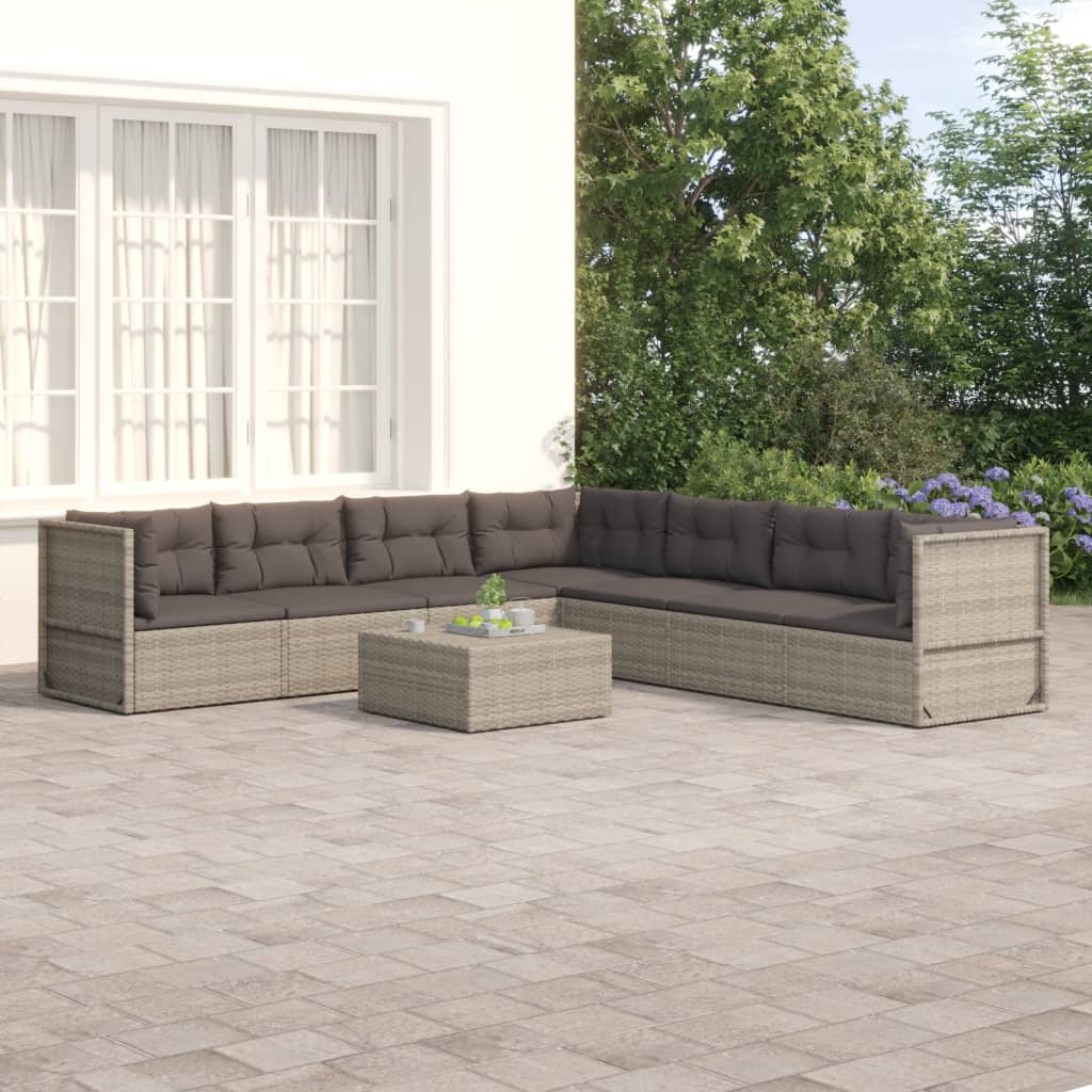 vidaXL 7 Piece Patio Lounge Set with Cushions Gray Poly Rattan-0