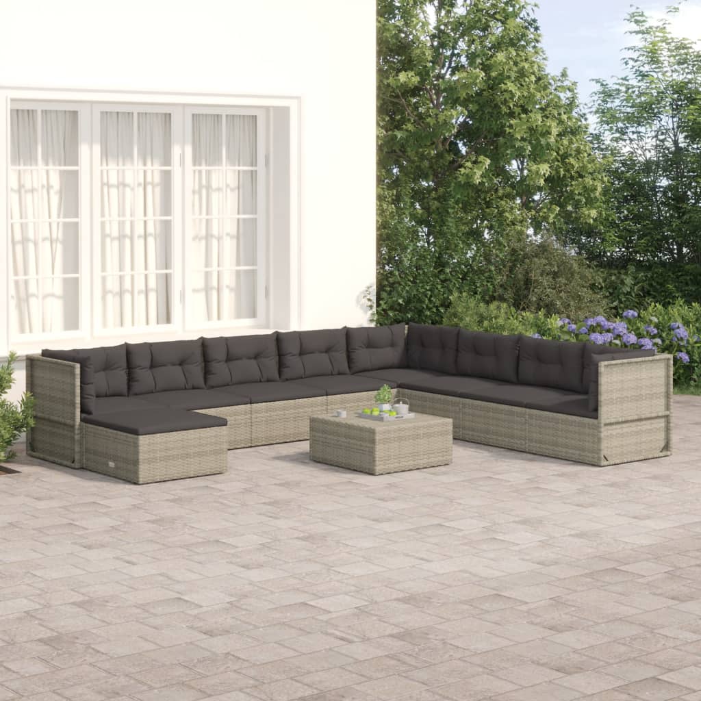 vidaXL 9 Piece Patio Lounge Set with Cushions Gray Poly Rattan-0