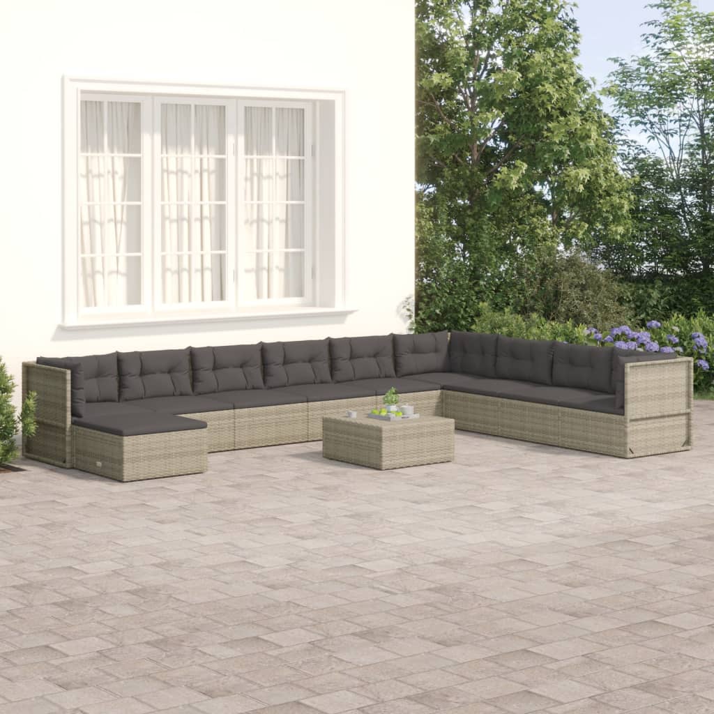 vidaXL 10 Piece Patio Lounge Set with Cushions Gray Poly Rattan-0