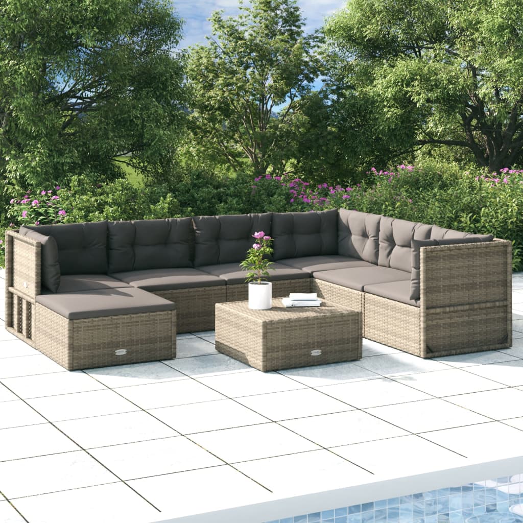 vidaXL 7 Piece Patio Lounge Set with Cushions Gray Poly Rattan-0