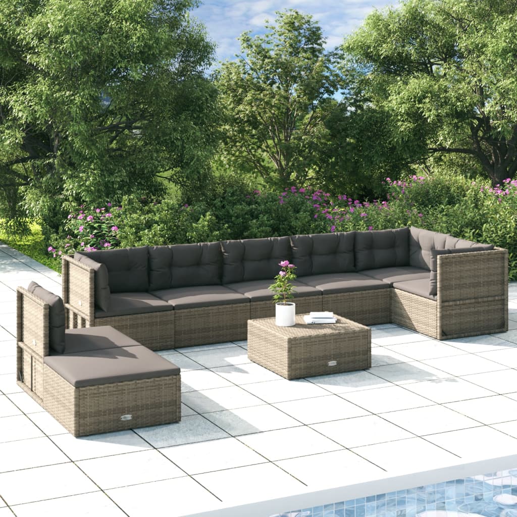 vidaXL 8 Piece Patio Lounge Set with Cushions Gray Poly Rattan-0