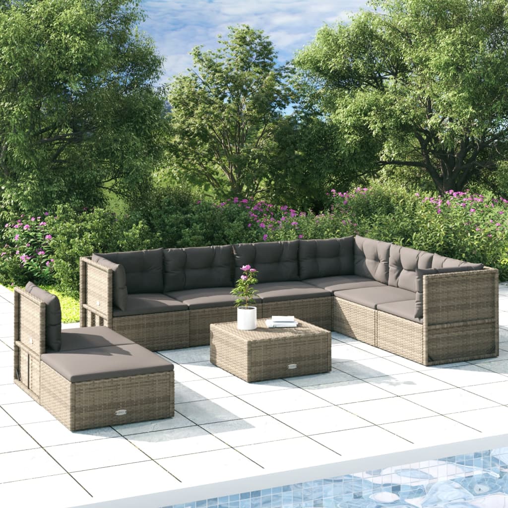 vidaXL 8 Piece Patio Lounge Set with Cushions Gray Poly Rattan-0