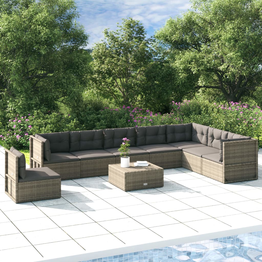 vidaXL 8 Piece Patio Lounge Set with Cushions Gray Poly Rattan-0