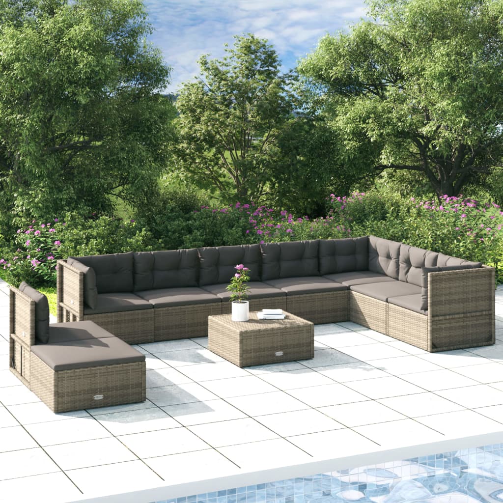 vidaXL 9 Piece Patio Lounge Set with Cushions Gray Poly Rattan-0