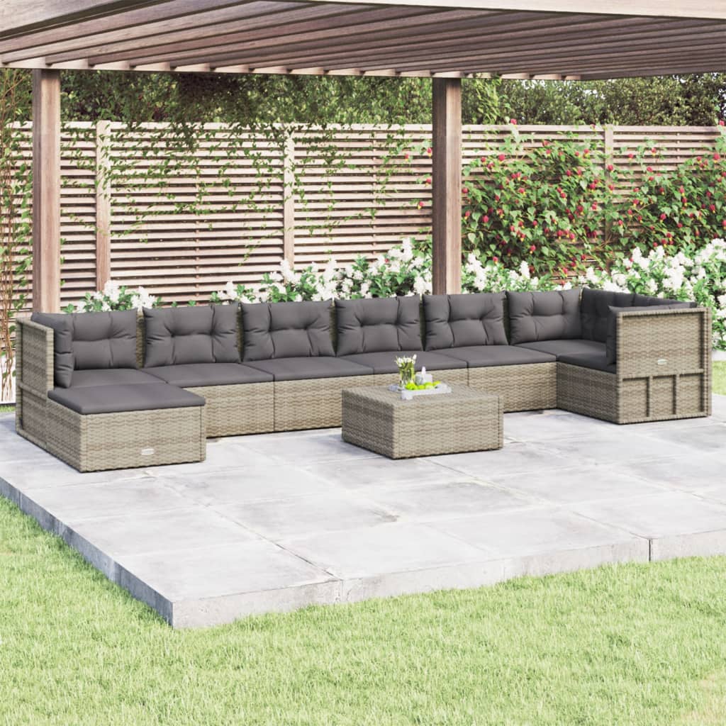 vidaXL 8 Piece Patio Lounge Set with Cushions Gray Poly Rattan-0