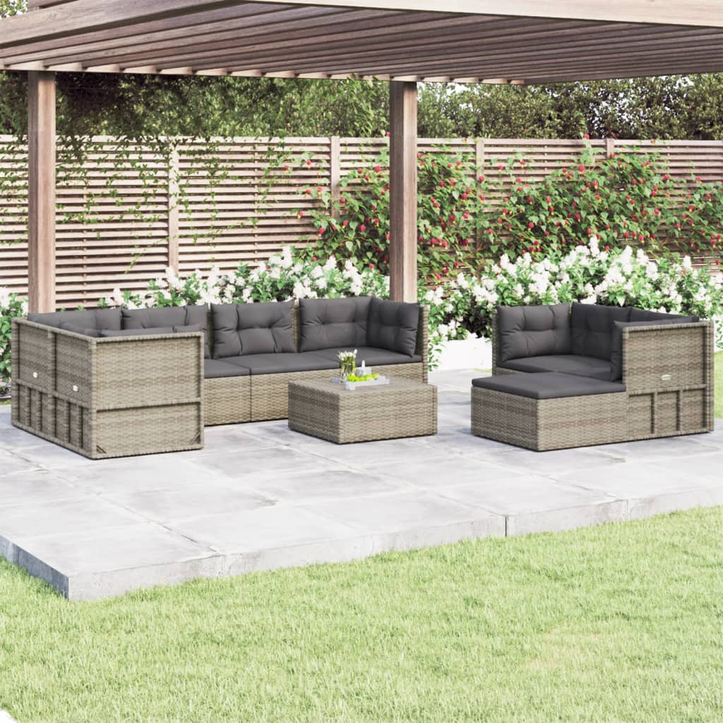 vidaXL 8 Piece Patio Lounge Set with Cushions Gray Poly Rattan-0