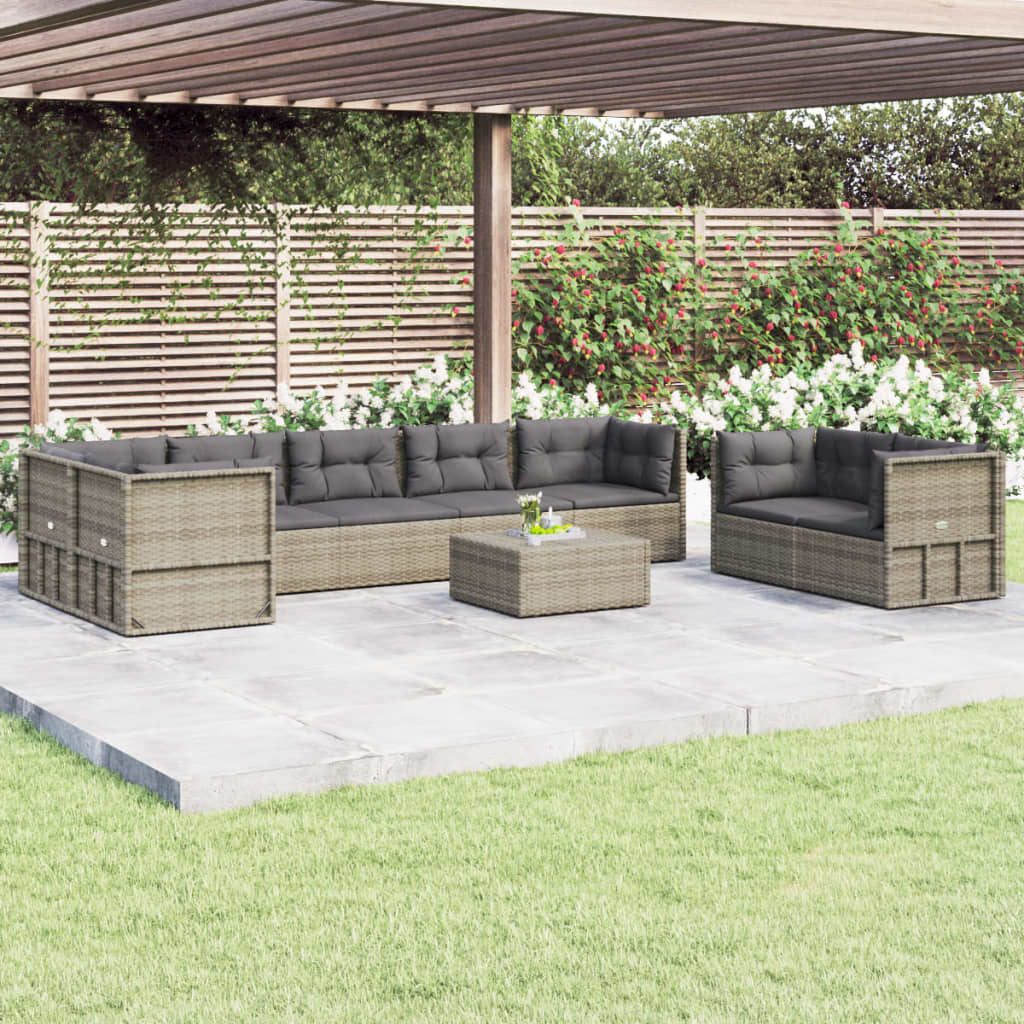 vidaXL 8 Piece Patio Lounge Set with Cushions Gray Poly Rattan-0