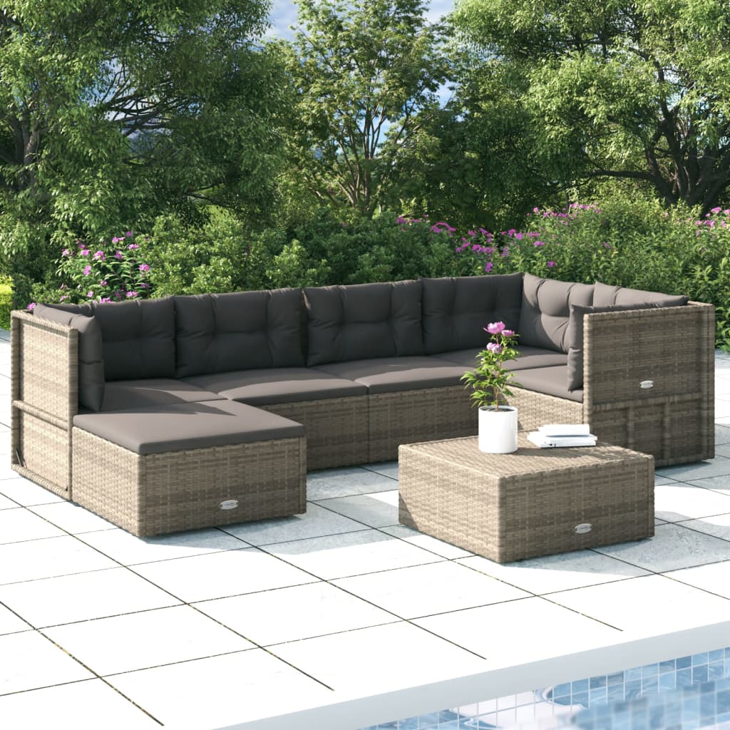 vidaXL 6 Piece Patio Lounge Set with Cushions Gray Poly Rattan-0